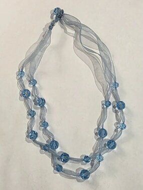 VINTAGE CRYSTAL BLUE DOUBLE BEADED KNOTTED BLUE ORGANZA RIBBON NECKLACE 14"